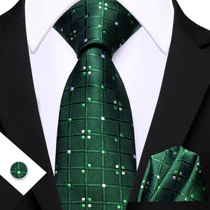 YOHOWA Men Plaid/Striped Ties Clip Set Silk Necktie Pocket Square Cufflinks | Woven Classic,Formal/Casual Mens Tie,Pocket Square Cufflinks Set,Luxury,Business,Wedding,Party,Prom,Graduation - color: Dark Green