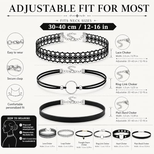 6 Styles Gothic Lace Choker Necklaces Set for Women, Black Lace Tattoo Chokers Necklace Punk Goth Jewelry, Adjustable 90s Vintage Emo Velvet Grunge Chokers Accessories Collection