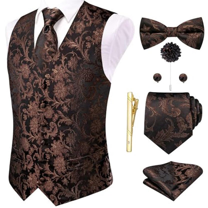 Hi-Tie Silk Mens Suit Vest Tie and Bowtie Lapel Pin Gold Tie Clip Paisley Floral Waistcoat 8PCS Set Tuxedo Wedding Party - color: Black and Brown, size: 3X-Large