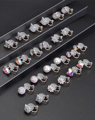 Tornito 10-15 Pairs Clip on Stud Earrings Non Pierced Teardrop Round Square CZ Pearl Twist Knot Flower Butterfly Heart Star Rainbow Cat Opal Clip on Earrings for Women - color: C: 15 Pairs Silver Tone