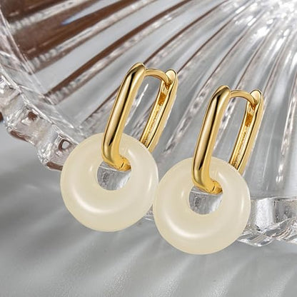 Jade Earrings for Women Chunky Hoop Double Hoop Jade Dangle Earrings Crystal Huggie Jewelry - color: A1:gold white jade earrings