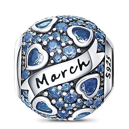 925 Sterling Silver Birthstone Charms fits Charms Bracelets for Woman，with 5A Cubic Zirconia Dangle Pendant Bead,Happy Birthday Charms for Bracelet and Necklace Valentine's Day Mother's Day Gift - color: 1-March Birthstones