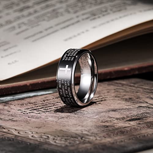 King Will Stainless Steel Men Ring Lord's Prayer Cross Ring Stainless Steel Men Wedding Ring, Wedding Band Bible Engraved Rings High Polished, Comfort Fit | 8mm, Gold/Silver/Black Wedding Band, Bible Engraved Rings, High Polished, Comfort Fit, Size 7-14 -