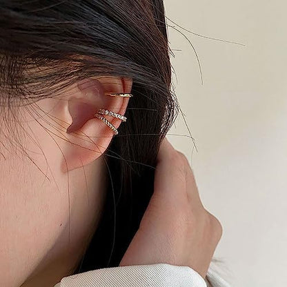 3Pcs Ear Cuffs Non Piercings for Women, Trendy Cubic Zirconia Gold Silver Clip On Cuff Earrings Set Jewelry Dainty Fake Cartilage Earring - color: Gold