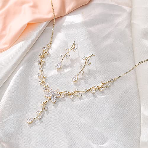 Crysdue Women's Wedding Bridal Jewelry Set for Brides Bridesmaids Cubic Zirconia Flower Leaf Vine Necklace Dangle Earrings for Prom Party - style: 13-gold