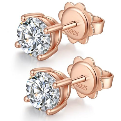 925 Sterling Silver Cubic Zirconia Stud Earrings for Women/Men Hypoallergenic Stud Earrings 4MM-8MM - style: C: Round Stud-Rose Color