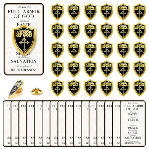 Sayglossy 30 Sets Put on the Whole Armor of God Pins on Card Lapel Pin for Men Bulk Bible Christian Pins Gifts Religious Goldtone for Church Home Party Supplies - style: Armor of God