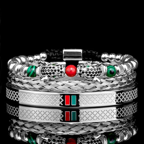 3pcs/set Classical Handmade Braiding Bracelet Hip Hop Men Pave CZ Leopard Head Roman Numeral Bracelet Stainless Steel Jewelry - color: 3pcs S Double Leopard Head Silvery