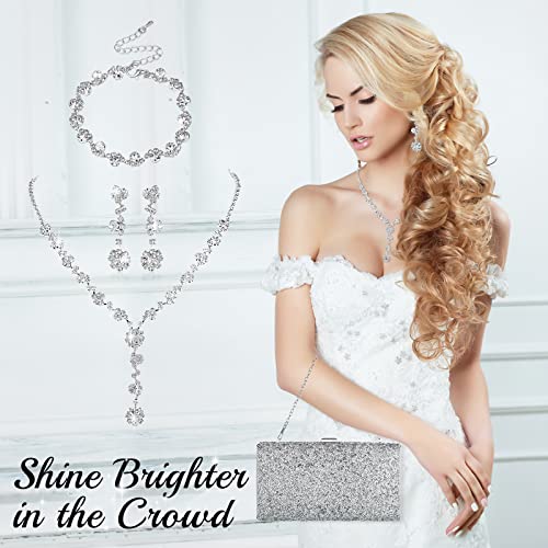Mixweer 4 Pieces Clutch Purses Bag for Women Evening Rhinestone Jewelry Set Bling Necklace Earrings Bracelets Set for Wedding - style: Modern Style