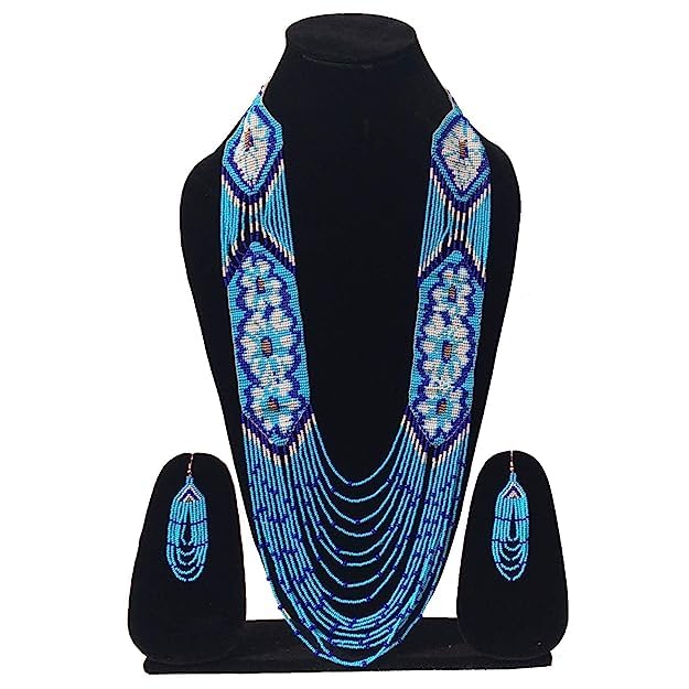 Long Beaded Necklace – Boho Native Handmade Seed Bead Tassel Necklace, Bohemian Large Statement Beaded Necklace for Women - color: Skyblue/