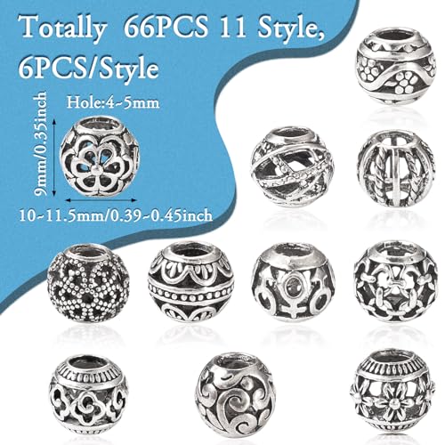 Craftdady 66Pcs Large Hole Rondelle Spacer Beads Alloy European Beads 11 Style Tibetan Antique Silver Spacer Beads Western Beads for Crafts Jewelry Making - color: Antique Silver-12 Styles, Rondelle