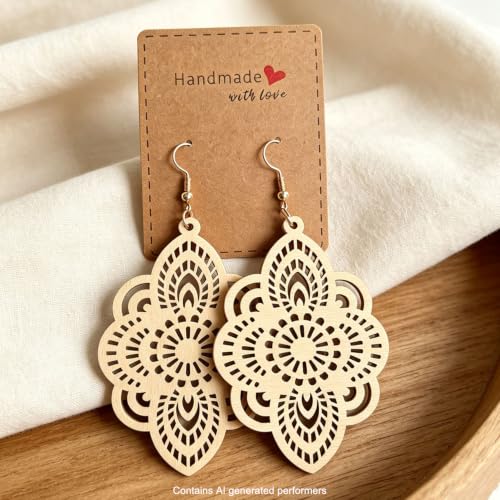 Boho Black Filigree Dangle Earrings for Women, Lightweight Hollow Lace Drop, Wood, 3.34" x 1.69", Bohemian Jewelry - color: Beige