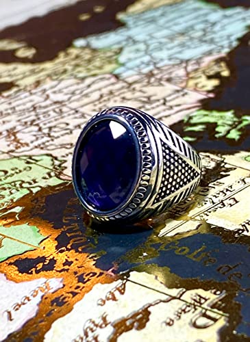 Men's Round Oval Turkish Engraved Silver Retro Vintage Stainless Steel Turquoise Onyx Women's Sapphire Lapiz Lazuli Blue Purple Stone Biker Carved Signet Punk Ring Stone Silver Ring, Anillos De Hombre