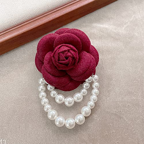 Wool Camellia Flower Pearl Tassel Brooches Pins Delicate Flowers Brooch Classic for Wedding Party Dance Banquet for Women Dainty Elegant Lapel Pins Dress Suit Accessories - color: Red