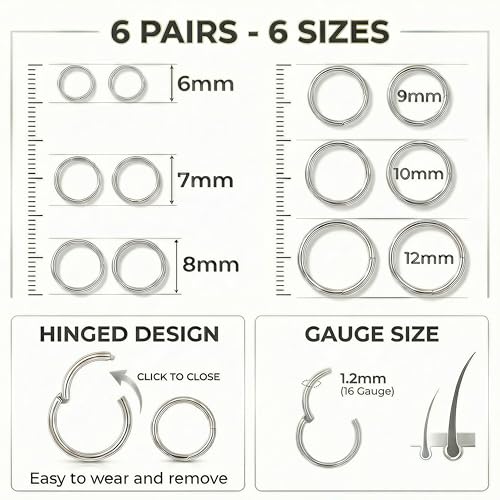 6Pairs Nose Rings Hoops - 316L Surgical Steel Hinged Nose Hoops 16G/18G/20G Clicker Septum Nose Ring Lip Helix Cartilage Hoop Earring Daith Rook Conch Body Piercing Jewelry for Women Men 6mm 7mm 8mm 9mm 10mm 12mm - color: Silver, size: 16 gauge(1.2mm)