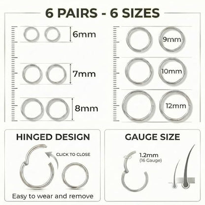 6Pairs Nose Rings Hoops - 316L Surgical Steel Hinged Nose Hoops 16G/18G/20G Clicker Septum Nose Ring Lip Helix Cartilage Hoop Earring Daith Rook Conch Body Piercing Jewelry for Women Men 6mm 7mm 8mm 9mm 10mm 12mm - color: Silver, size: 16 gauge(1.2mm)