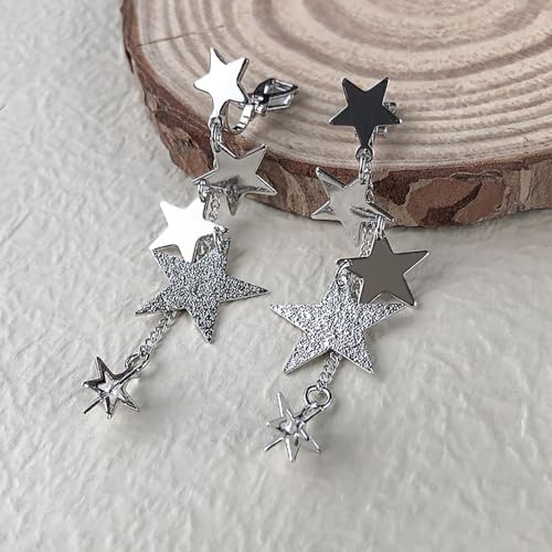 Star Long Tassel Clip On Dangling Earrings for Women Girls Faux Pearl Shooting Stars Meteor Drop Dangle Non Piercing Statement Earring Fashion Lucky Jewelry Gifts for Sensitive Ears Clips