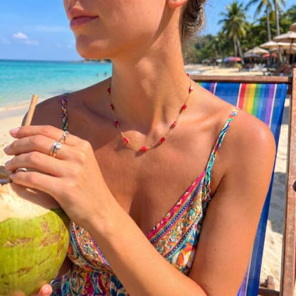 RINHOO Dainty Beaded Necklace for Women 18K Gold Plated Stainless Steel Colorful Blue Pink Choker Boho Choker Necklace Jewelry Gift for Women - color: Style 2-Red
