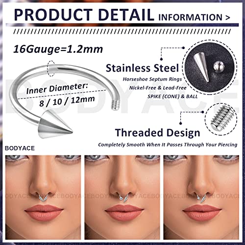 16G Spike Septum Rings Horseshoe Nose Rings, Stainless Steel Daith Helix Tragus Cartilage Earrings Hoop, Rook Lobe Lip Piercing for Women Men - color: Hoops:8mm