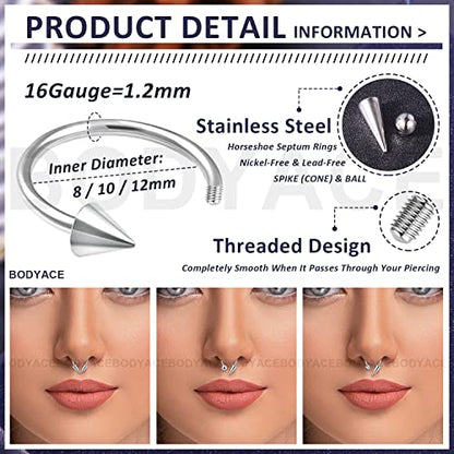 16G Spike Septum Rings Horseshoe Nose Rings, Stainless Steel Daith Helix Tragus Cartilage Earrings Hoop, Rook Lobe Lip Piercing for Women Men - color: Hoops:10mm