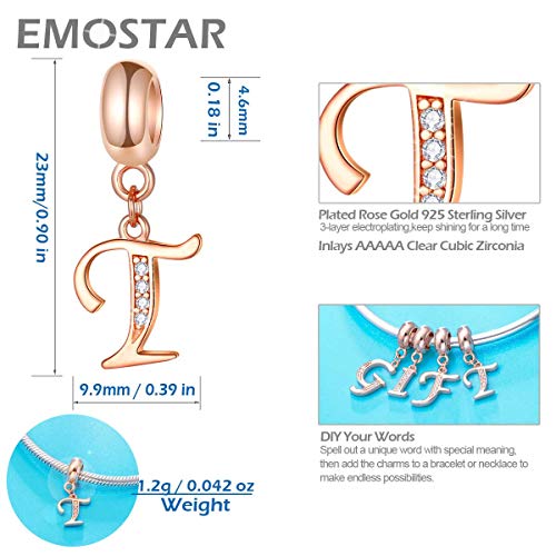 EMOSTAR Letter Charms Initial A-Z Alphabet Beads, Rose Gold 925 Sterling Silver Dangle CZ Birthstone Pendant, Gifts for European Charm Bracelet/Mothers Day/Birthday - color: Letter T
