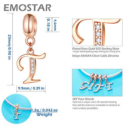 EMOSTAR Letter Charms Initial A-Z Alphabet Beads, Rose Gold 925 Sterling Silver Dangle CZ Birthstone Pendant, Gifts for European Charm Bracelet/Mothers Day/Birthday - color: Letter T