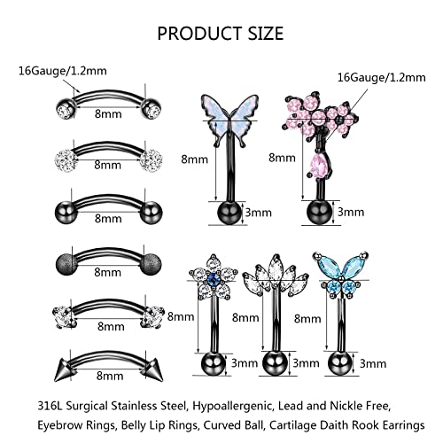10PCS 16G Eyebrow Rings Set, Surgical Steel Curved Barbell Piercing Jewelry for Women Men, Helix Rook Daith Tragus Cartilage Earrings, Butterfly Heart Flower Spike Design, 8mm Bar - color: B-11Pcs-Black-8mm
