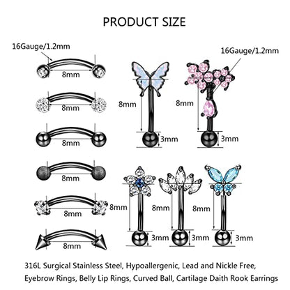 10PCS 16G Eyebrow Rings Set, Surgical Steel Curved Barbell Piercing Jewelry for Women Men, Helix Rook Daith Tragus Cartilage Earrings, Butterfly Heart Flower Spike Design, 8mm Bar - color: B-11Pcs-Black-8mm