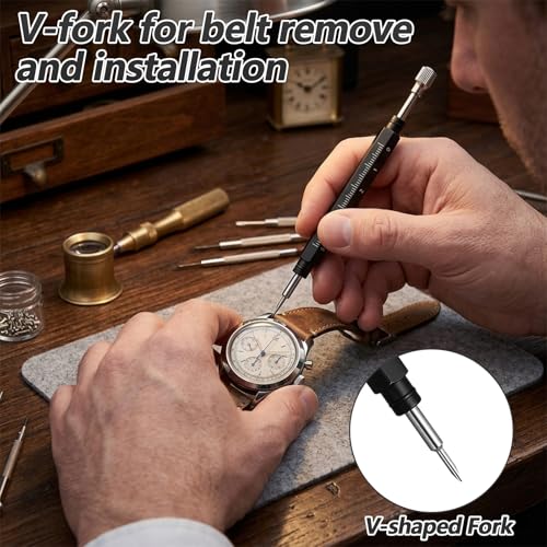 Watch Spring Bar Tool Kit, Premium Pin Removal Tool with Built-in Ruler for Watch Band Removal Installation, Jewelry Craft, Phone Card Insertion, with Caps, Replacement Fork & Cleaning Cloth
