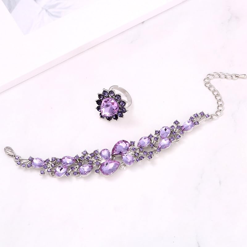 Molie Bridal Austrian Crystal Necklace and Earrings Jewelry Set Gifts fit with Wedding Dress - color: 4Pcs/Set-Light Purple
