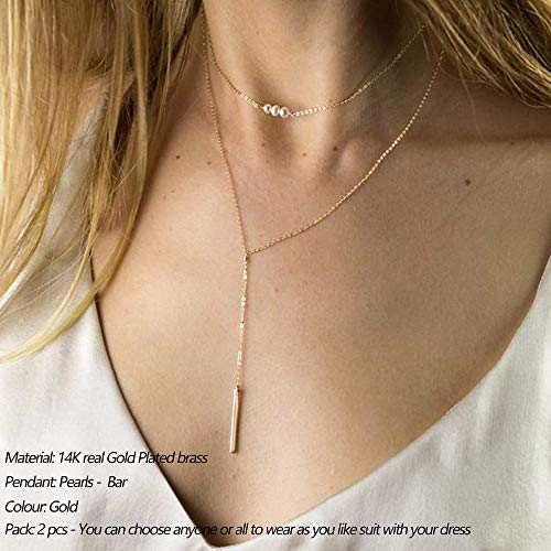 Turandoss Dainty Layered Choker Necklace, Handmade Y Pendant Necklace Multilayer Bar Disc Necklace Adjustable Layering Choker Necklaces for Women - style: 2PCS - simulated Pearls&Bar