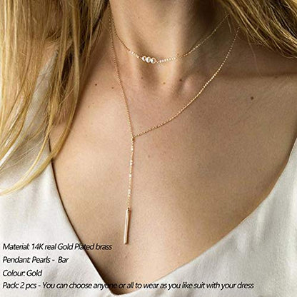 Turandoss Dainty Layered Choker Necklace, Handmade Y Pendant Necklace Multilayer Bar Disc Necklace Adjustable Layering Choker Necklaces for Women - style: 2PCS - simulated Pearls&Bar