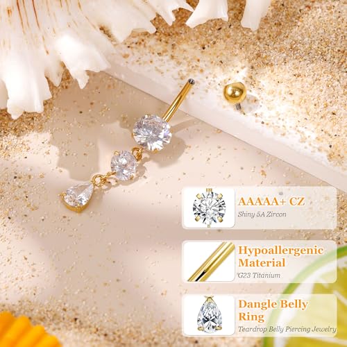 14G G23 Titanium Dangle Belly Button Ring for Women Dangling Navel Rings Hypoallergenic Teardrop Shiny CZ Belly Ring Internally Threaded Navel Piercing Jewelry - color: Gold