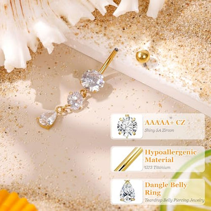 14G G23 Titanium Dangle Belly Button Ring for Women Dangling Navel Rings Hypoallergenic Teardrop Shiny CZ Belly Ring Internally Threaded Navel Piercing Jewelry - color: Gold