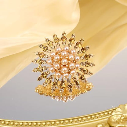 Elegant Big Crystal Ring for Women Gold Stacking Pearl Rhinestone Flower Rings Open Finger Adjustable Crystal Statement Ring Jewelry for Bridal Wedding - color: Crystal 2-gold