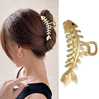 Metal Gold Fishbone Hair Clips Acrylic Large Hair Claw Cross Hairclip Elegant Fish Bone Headband Hairpin Hair Crab Female Lady Nonslip Barrette Hair Accessories for Women Thick or Thin Hairs - color: Gold Fishbone