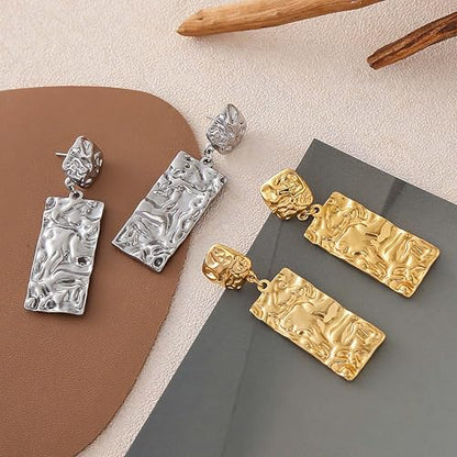 Large Geometric Drop Dangle Earrings for Women Pearl Teardrop Disc Rectangle Oval Fishtail Shell Shaped Textured Dangle Studs Earrings for Women - color: Gold-Rectangle