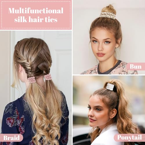 Scrunchies Hair Ties Silk Satin Scrunchy, WantGor Women 4PC Hair Bands | Pure Mulberry Silk Skinny Elastic Scrunchies Bracelets Ponytail Holders Hair Accessories (Champagne,White,Pink,Light Pink) - color: Champagne,White,Pink,Light Pink