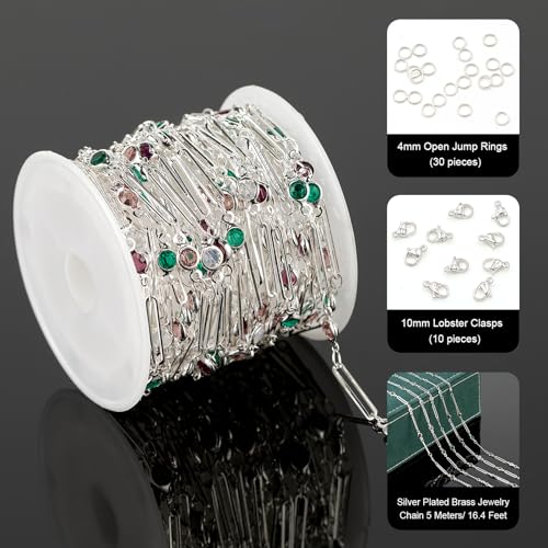 UMAOKANG 5 Meters Mixed Color Crystal Jewelry Chains Bulk Silver Plated Brass Paperclip Necklace Chain for Women Jewelry DIY Supplies Findings - color: Silver Paperclip Crystal
