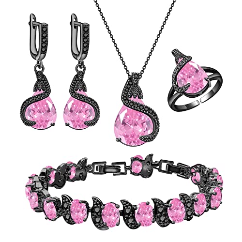 GZWHD Jewelry Set for Women Water Drop Cubic Zirconia Artificial Crystal Earrings Pendant Necklace Open Ring Tennis Bracelet Wedding Anniversary Birthday Engagement Gift for Bridesmaid Wife Girlfriend Friend - color: Black Gun-Pink