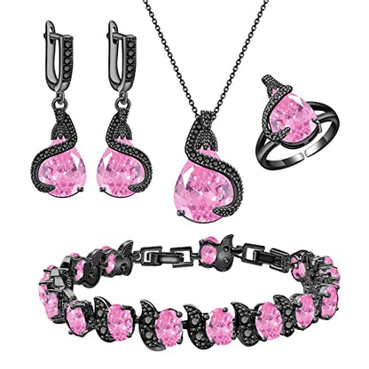 GZWHD Jewelry Set for Women Water Drop Cubic Zirconia Artificial Crystal Earrings Pendant Necklace Open Ring Tennis Bracelet Wedding Anniversary Birthday Engagement Gift for Bridesmaid Wife Girlfriend Friend - color: Black Gun-Pink