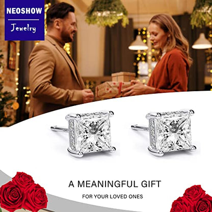 Princess Cut Cubic Zirconia Stud Earrings for Men Women | Square CZ Simulated Diamond Studs, 18K White Gold Plated Sterling Silver, Hypoallergenic - color: White Gold, size: 4MM