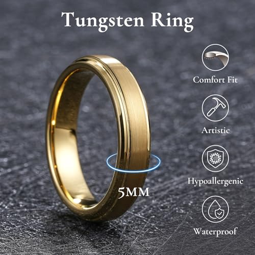 King Will Classic Tungsten Wedding Band for Men, 6/7/8/9/10mm Widths, Polished Finish Step Edge Matte Rings Comfort Fit - color: E-gold 5mm