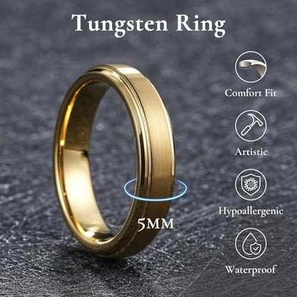 King Will Classic Tungsten Wedding Band for Men, 6/7/8/9/10mm Widths, Polished Finish Step Edge Matte Rings Comfort Fit - color: E-gold 5mm
