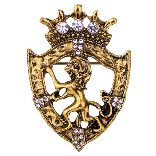 HETICA Vintage Animal Dragon Skull Wolf Crown Lion Brooch for Men Women Suit Tie Dress Lapel Pin Fashion Jewelry - style: Vintage Gold Crown Shield Lion