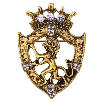 HETICA Vintage Animal Dragon Skull Wolf Crown Lion Brooch for Men Women Suit Tie Dress Lapel Pin Fashion Jewelry - style: Vintage Gold Crown Shield Lion