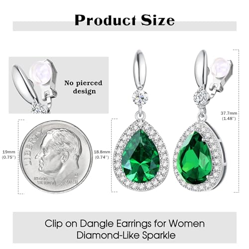 THUNARAZ Clip on Dangle Earrings for Women, Rhinestone Wedding Prom Jewelry | Clip Earrings Non-Pierced, Teardrop Dangle Earrings, Crystal Drop Earrings, Elegant Rhinestone Jewelry for Bride Bridesmaid - color: Silver Tone/Green Stone