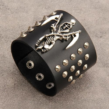 JAOYU Punk Leather Cuff Bracelet Goth Leather Wristband Rock Bracelet Biker Bracelet for Men Leather Armband Black Handmade Jewelry - color: Death Skull Bracelet Black
