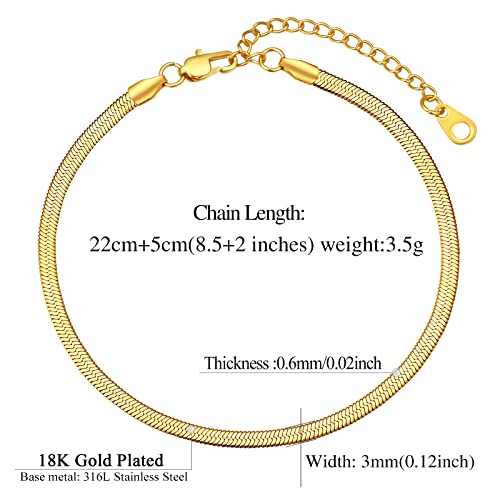 FindChic Elegant Herringbone Snake Chain Anklets/Bracelets 3MM/5MM Width Stainless Steel/18K Gold/Rose Gold Plated/Black 4 Color Options, 8.3'' 8.5'' 10.5'' Length, with Gift Box - color: A: 3mm 8.5'' anklet (Gold Plated)
