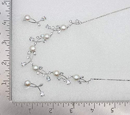 Faship Genuine 10mm Freshwater Pearls Floral Necklace Earrings Set | Premium CZ Crystal, Gorgeous, Sparkling - color: Clear